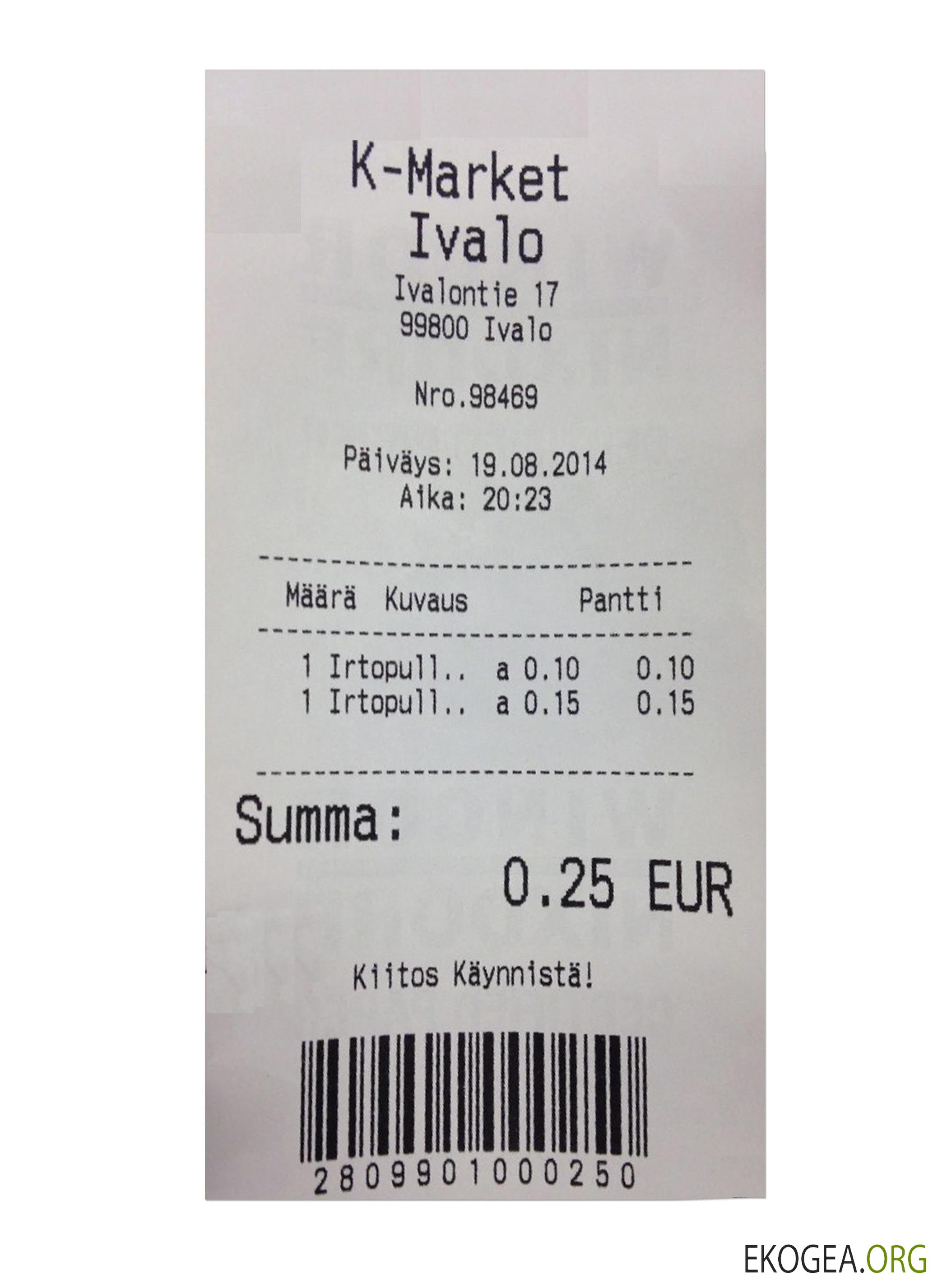 K , reçu de paiement MARKET IVALO